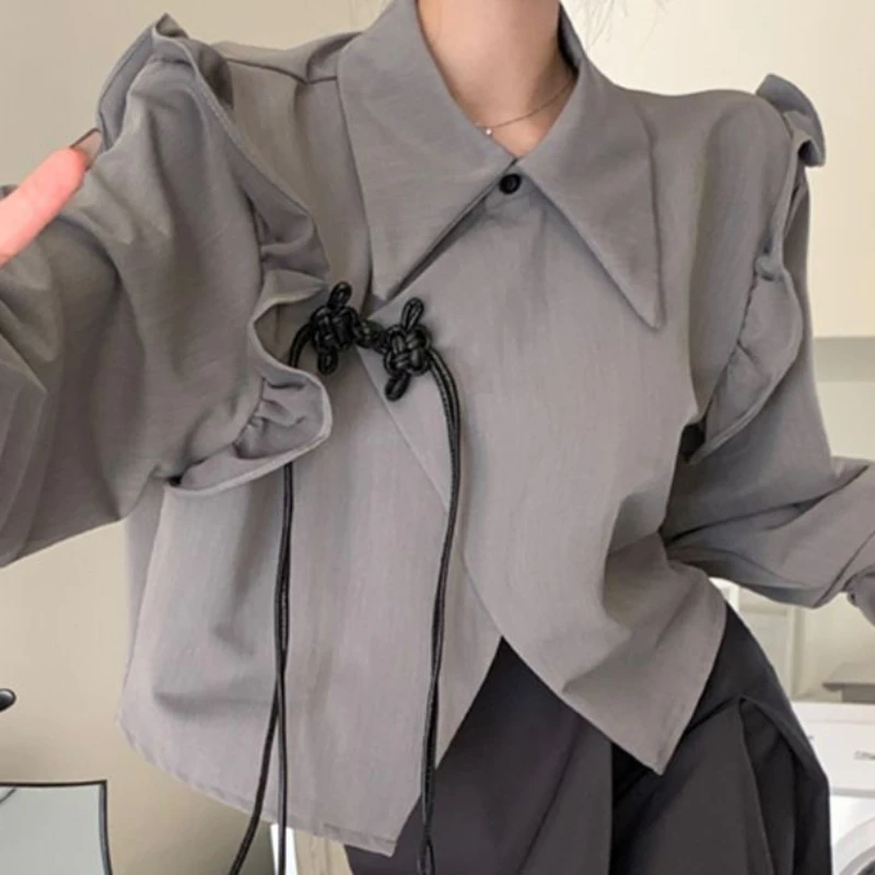 Flying Sleeves Shirts Women Chinese Knot Irregular Sweet Girls Solid Short Loose Design Office Chinese Style All-match Gentle
