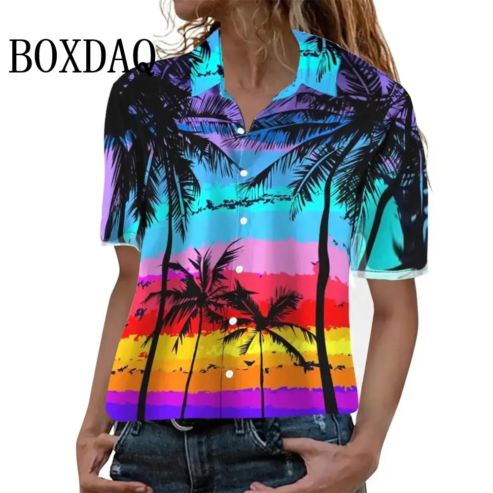 Moda verão blusa feminina artística havaiana palmeira impressão manga curta lapela casual botão camisa topos feminino camisa havaiana