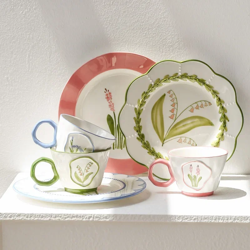Medieval Style Lily of Valley and Iris Dinner Plate Coffee Mug 3D Handpainted Colored Ceramic Decorative Storage Trays