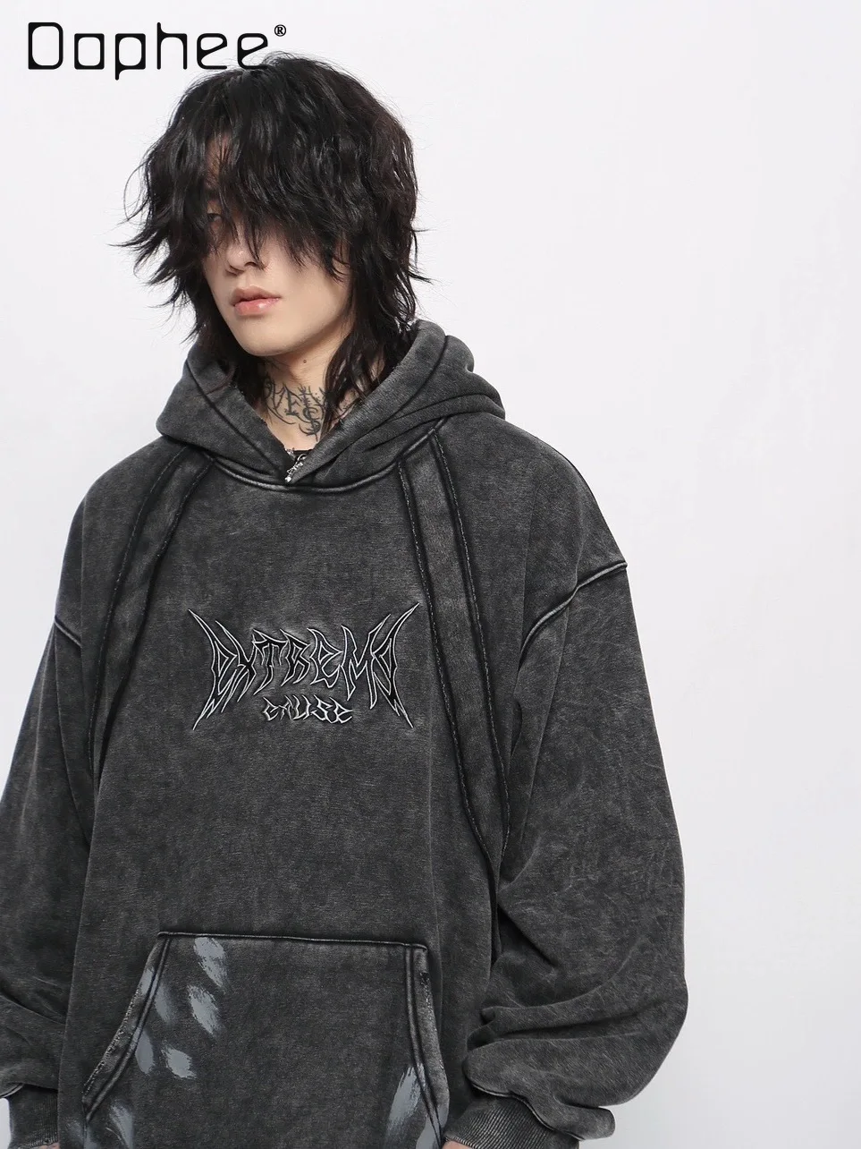 الربيع والخريف جديد الصناعة الثقيلة شارع العليا المطرزة المرقعة الصوف الأسود هوديي النمط الأمريكي الرجال خمر رمادي أعلى