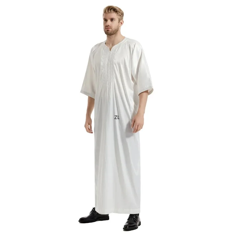 Vestido musulmán de satén para hombres, túnica larga bordada, Túnica musulmana, caftán, Abayas, Jubba, Dubái, árabe, Eid Ramadán