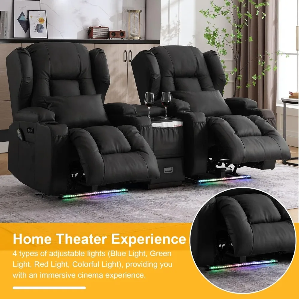 Power Recliner Chair, Massage and Heat, LED Lights, Cup Holders and Lumbar Pillow, Home Theater Seating Seats Power Gaming Sofa