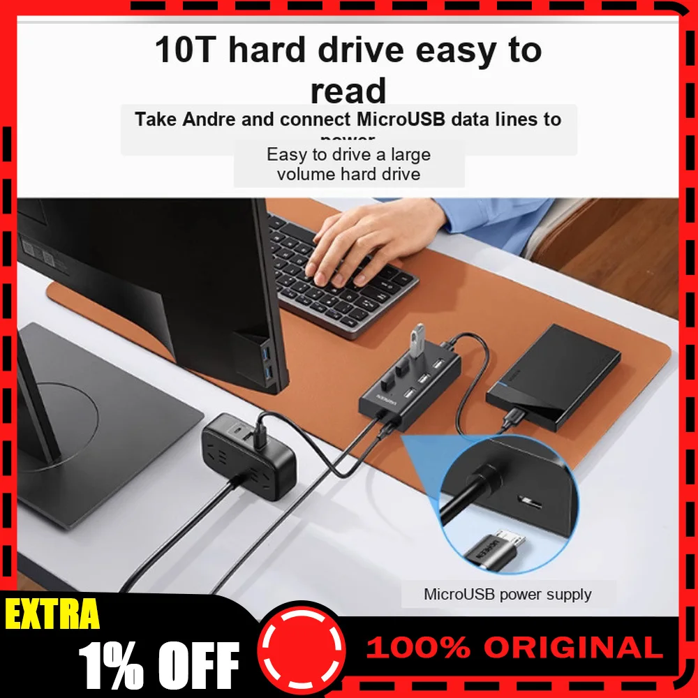 UGREEN CR130 30372 USB 2.0 Hub 7 Port Powered Splitter 0.5m for Laptop Desktop Printer Flash Drive
