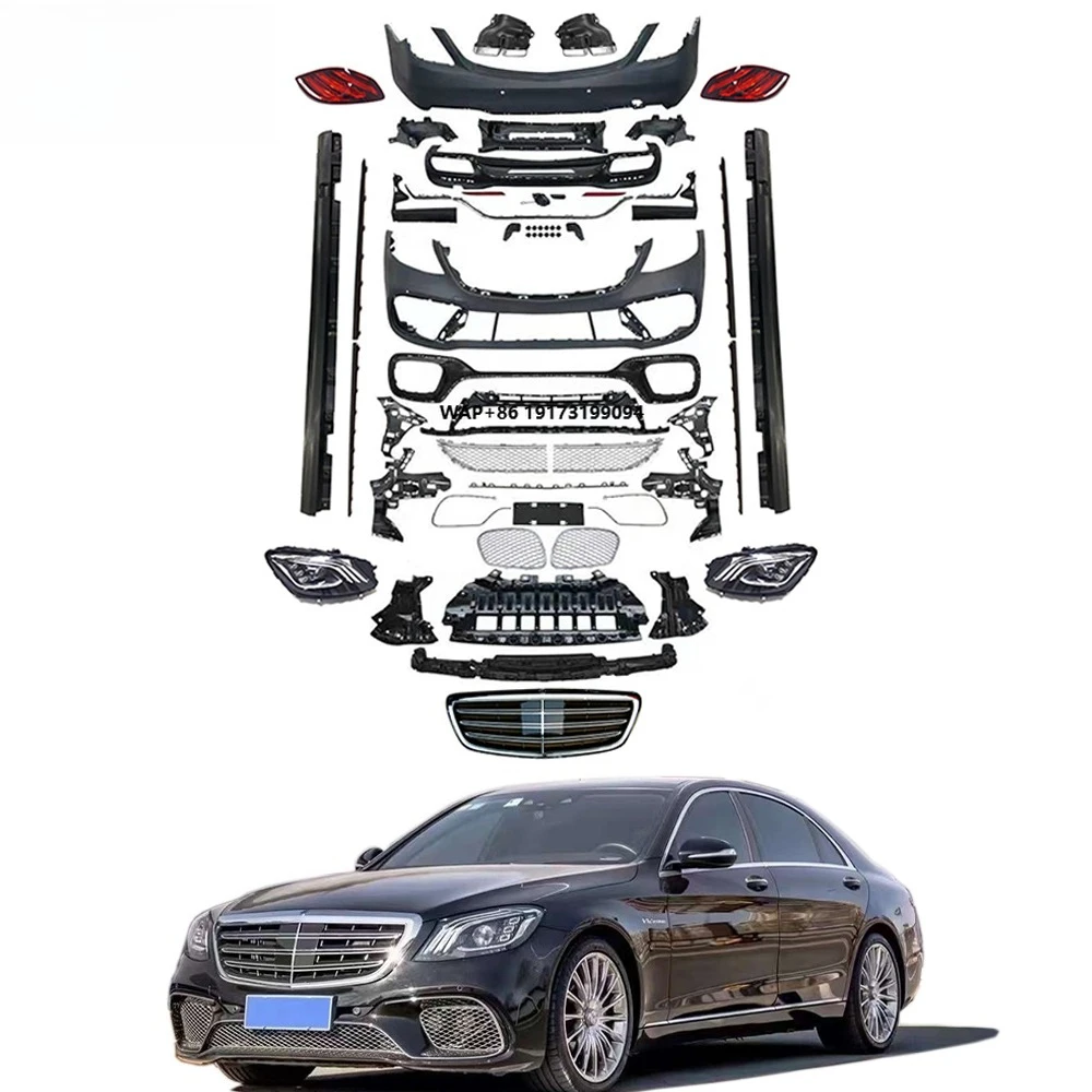 S Class W222 Old to New S65 TI Style Body Kit With Lights 2014~2020Y Front Bumper Rear Bumper Rear Diffuser Exhaust Tips Grille