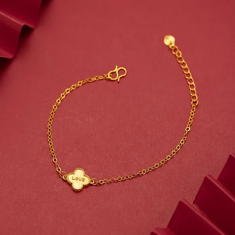 

Pure 24K Gold Love Pendant Bracelet for Woman, Simple Vintage 17-21cm Lucky Clover Bracelet Luxury Original Jewelry Accessories