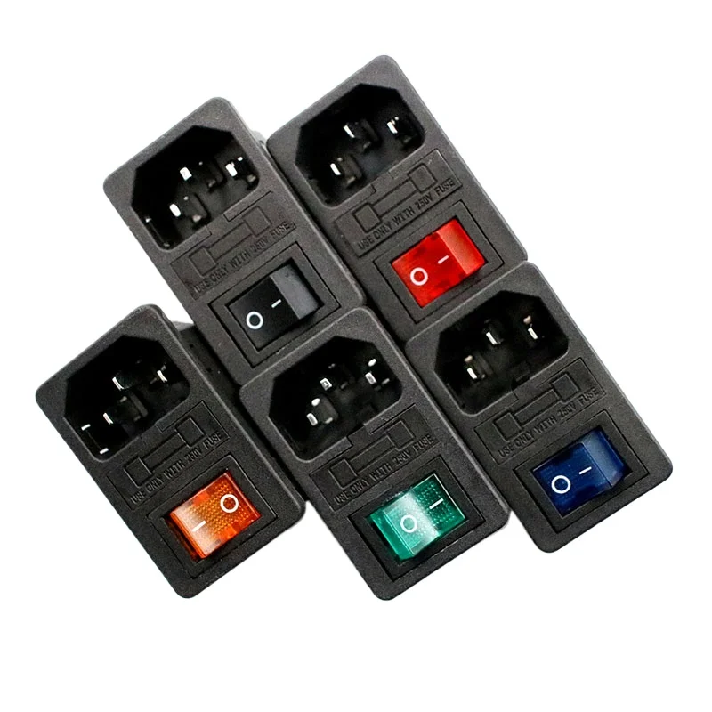 10pcs Red Rocker Switch Fused IEC320 C14 Inlet Power Socket with10A Fuse 3 pin Switch Connector Plug Connector Red Green Blue