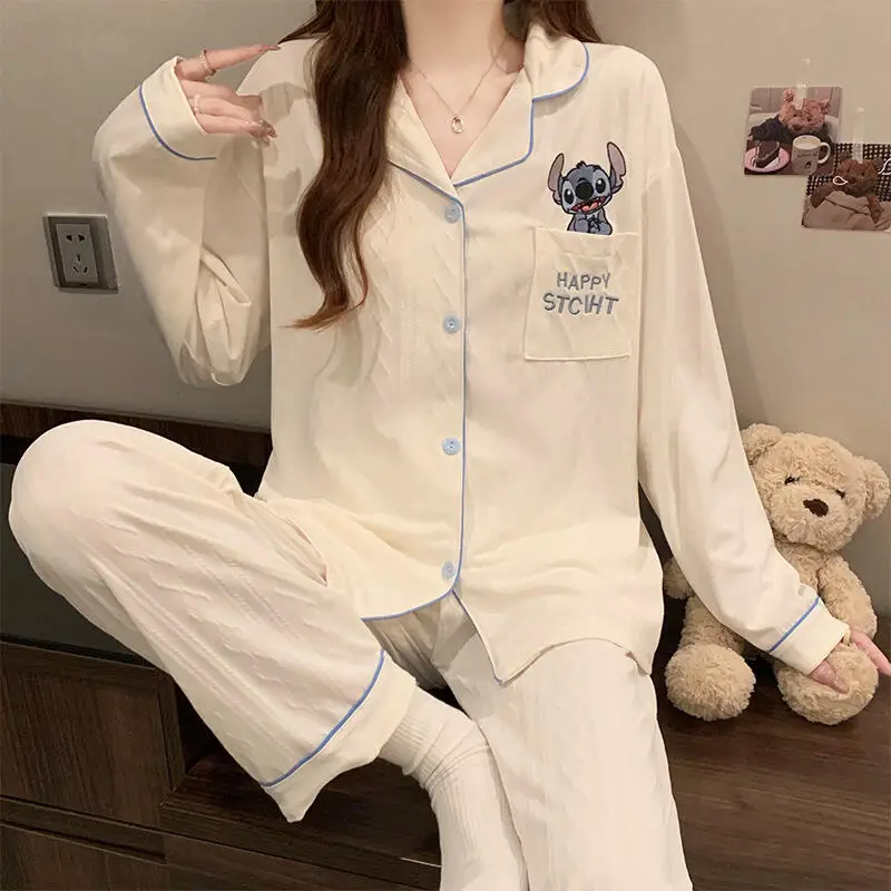 

Anime Cute Stitch Women's Pajamas 2Pcs Cartoon Kawaii Warm Girl Cotton Sleepwear 2025 New Spring and Autumn Long Sleeves Trouser