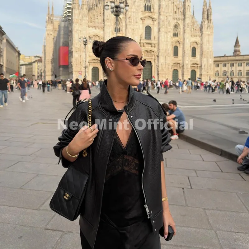Neo Mint Autumn 2026 New Black PU Leather Jacket Woman Cool Retro Street Fashion Girls Faux Leather Aviator Coat Outerwear Women