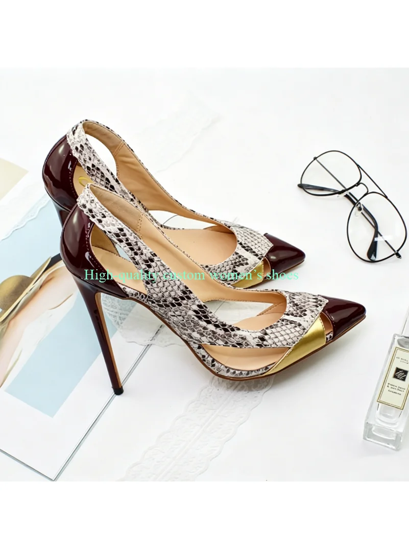 

Red Snakeskin Color-Blocked Hollow Out Stilettos Sandals Matching Transparent Material Shallow Luxury High Heels Retro Heels