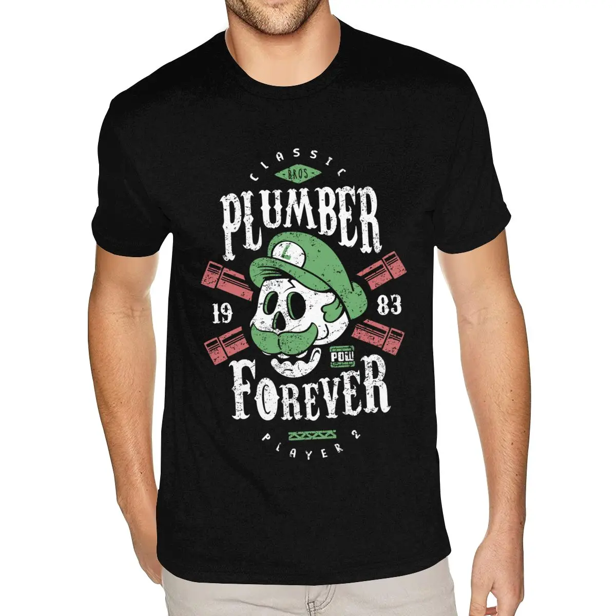 تي شيرت رجالي كبير الحجم من Plumber Forever Player عالي الجودة بأكمام قصيرة من القطن الخالص باللون الأسود برقبة دائرية