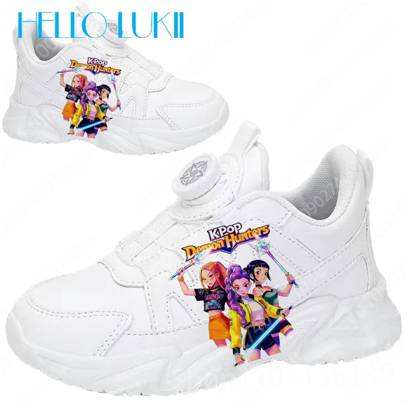

2025 KPop Demon Hunters Printing Children shoes girls High Quality leather Simple thick sole White sneakers Christmas gift