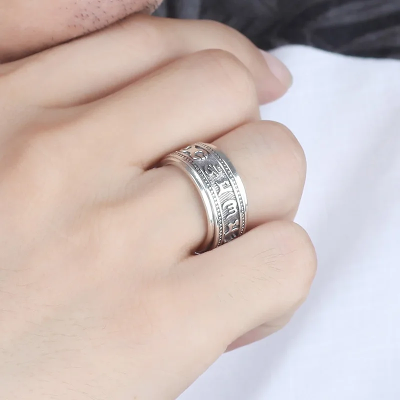 925 Thai Silver Craft Mens Rings Rotable Stereoscopic Embossed Design Glossy Six-character Mantra Domineering Vintage Jewelry