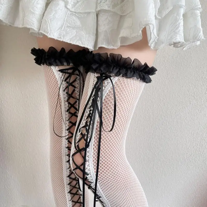 Women's Gothic Girls Long Socks Thigh High Stockings with Tie Up Front
