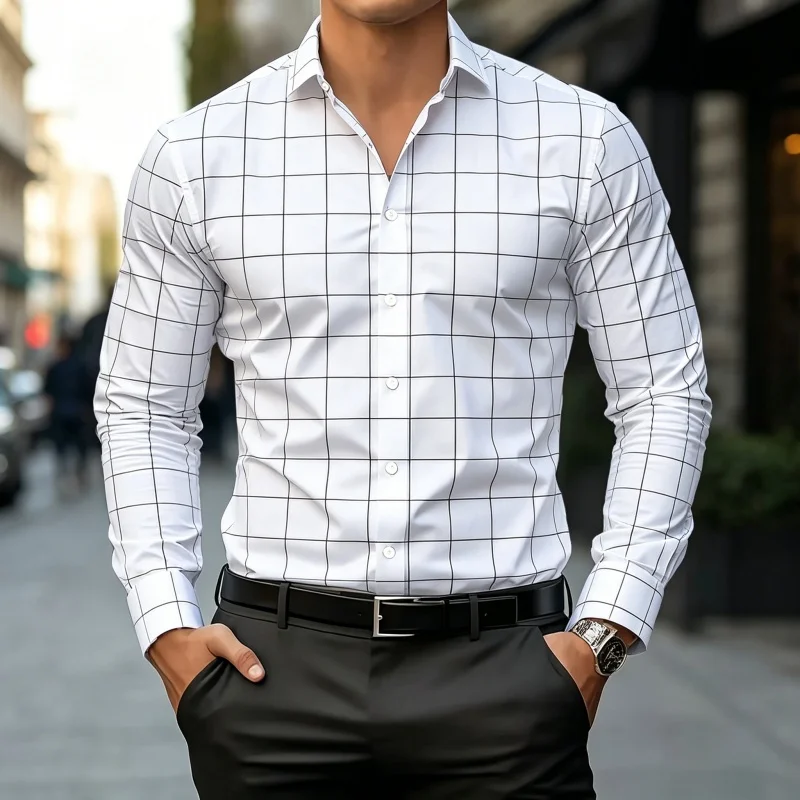 New Men's Windowpane Check Print Shirt  Slim Fit Formal Tops For Office & Daily Wear