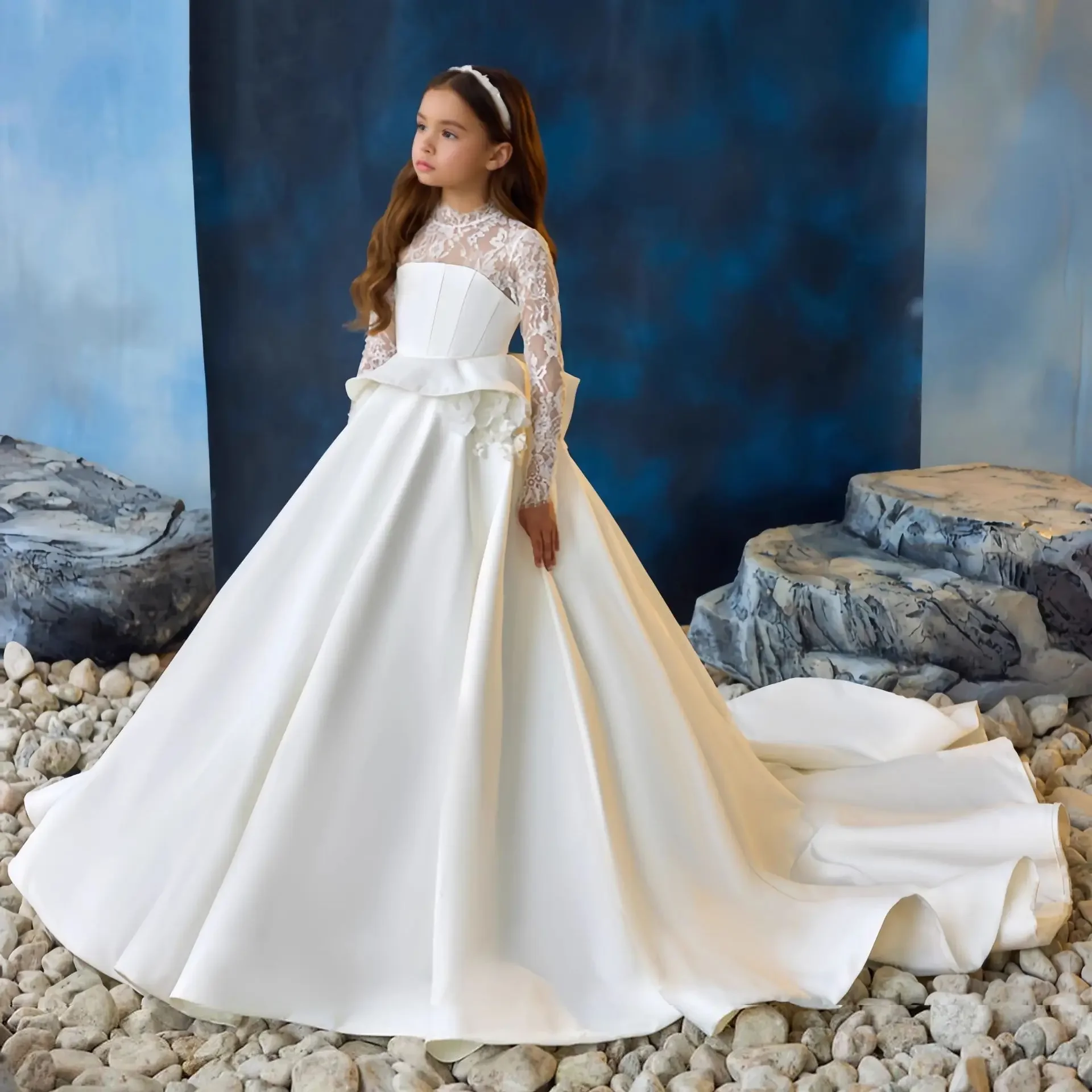 Kids Dress Baby Princess Gown Girls Puffy Tulle Evening Dresses Piano Gown Party Clothes for Girl Performance Outfit Train White