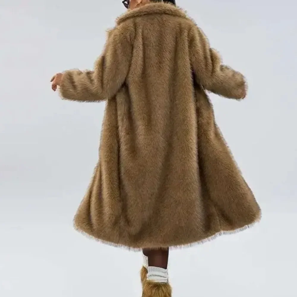 เสื้อแจ็คเก็ตขนเฟอร์เทียมยาวทรงยุโรป ปกเสื้อแบบปกเชิ้ต ติดกระดุมทั้งตัว เป็นมิตรกับสิ่งแวดล้อม เสื้อโค้ทผู้หญิงสำหรับฤดูหนาว เสื้อโค้ทขนเฟอร์เทียม