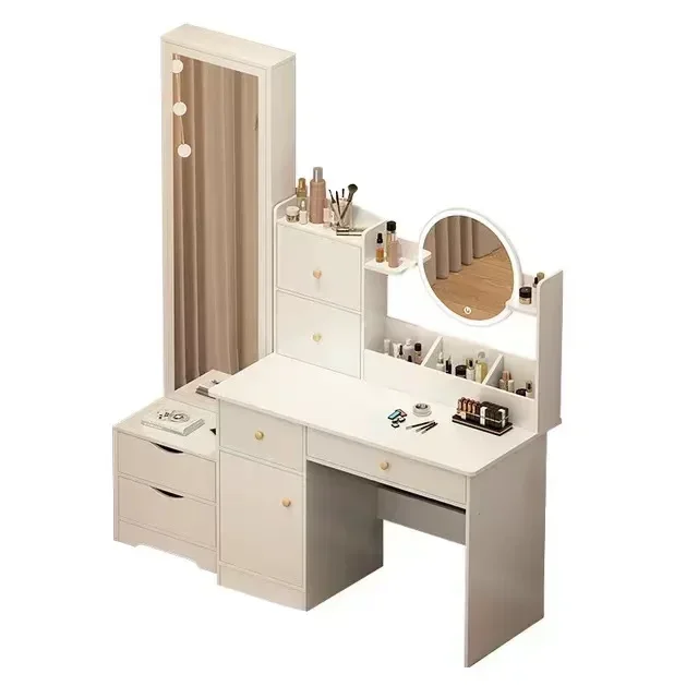 l # Simple Design White Wooden Dressing Table with LED Light Mirror Coiffeuse Avec miroir