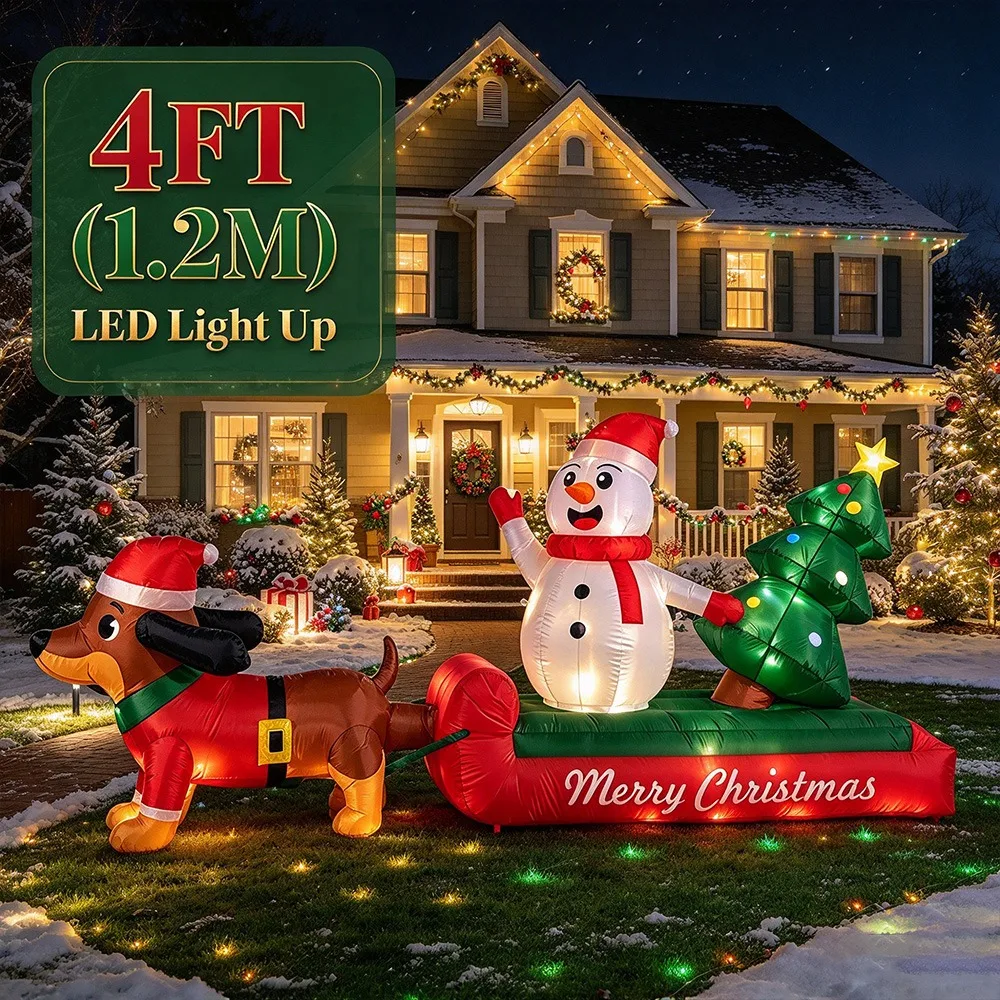 Christmas Inflatable Dachshund Dog Sled with Snowman & Tree, LED Blow Up Yard Decor