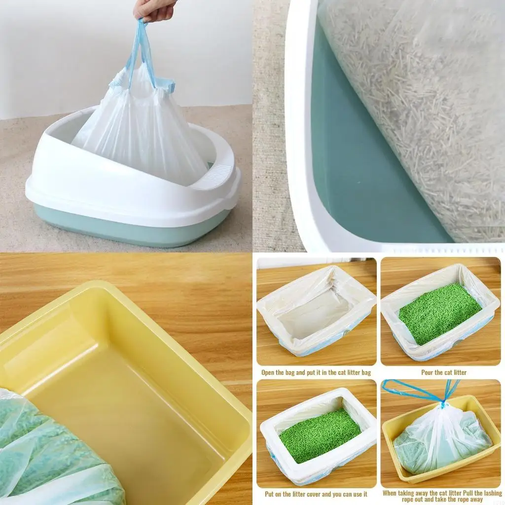 L74D Cats Pan Liners Disposable Litter Box Liners Durable Thickened Drawstring Litter Bags Leak-Proof Waste Bags