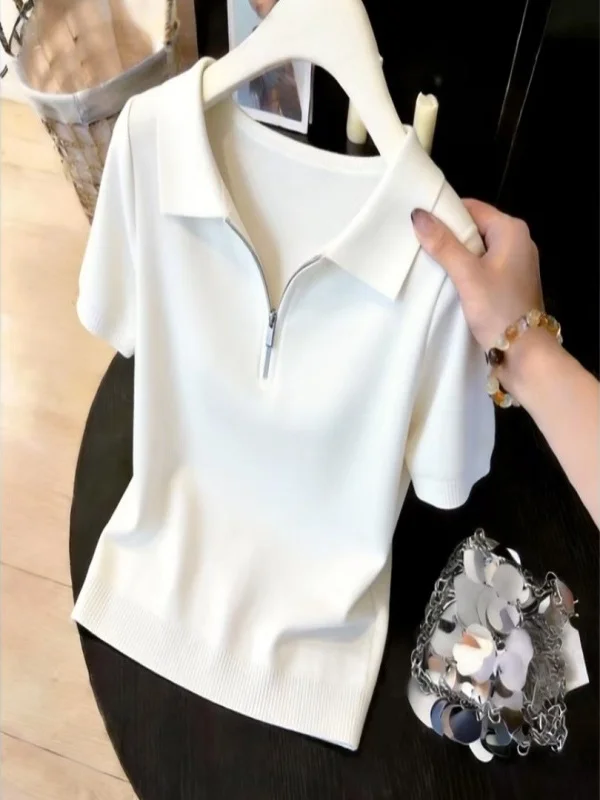 

Ele White Zipper Pol0 Collar ort Sve T-irt Women's Slim Fit Casual Sle Spring Summer Faion Design Top