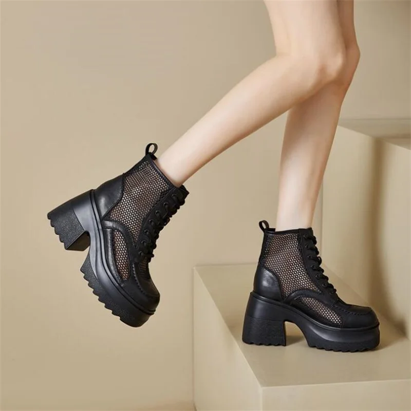 10CM Women Sandals Comfortable Ankle Boots Lace-Up Fashion Summer Round Toe Platform Wedge High Hidden Heels Ladies Breathable