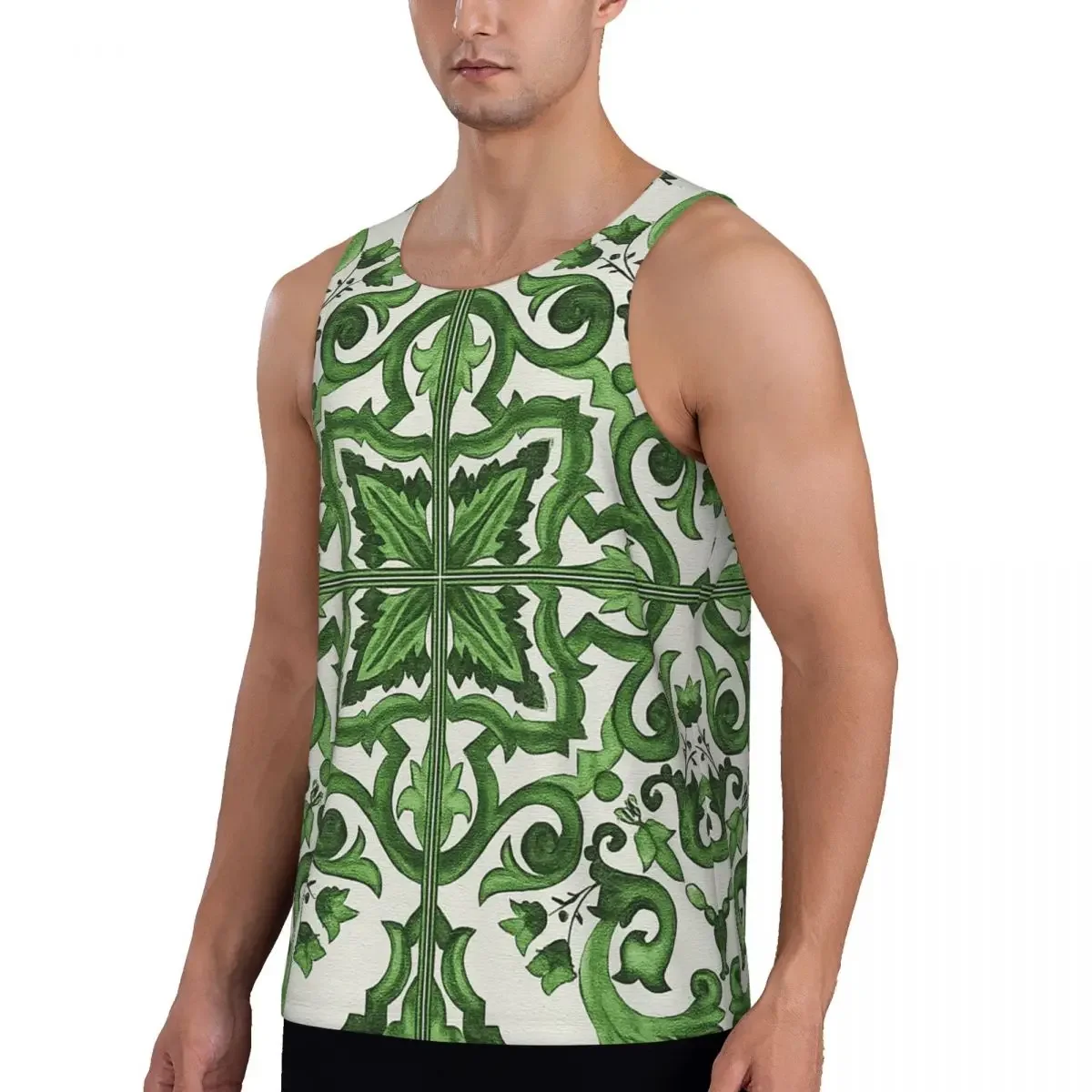 Quick Dry Green Ornate Floral Mediterranean Sicilian Tile Gym Tank Muscle Sleeveless Shirt Bodybuilding Breathable Vest