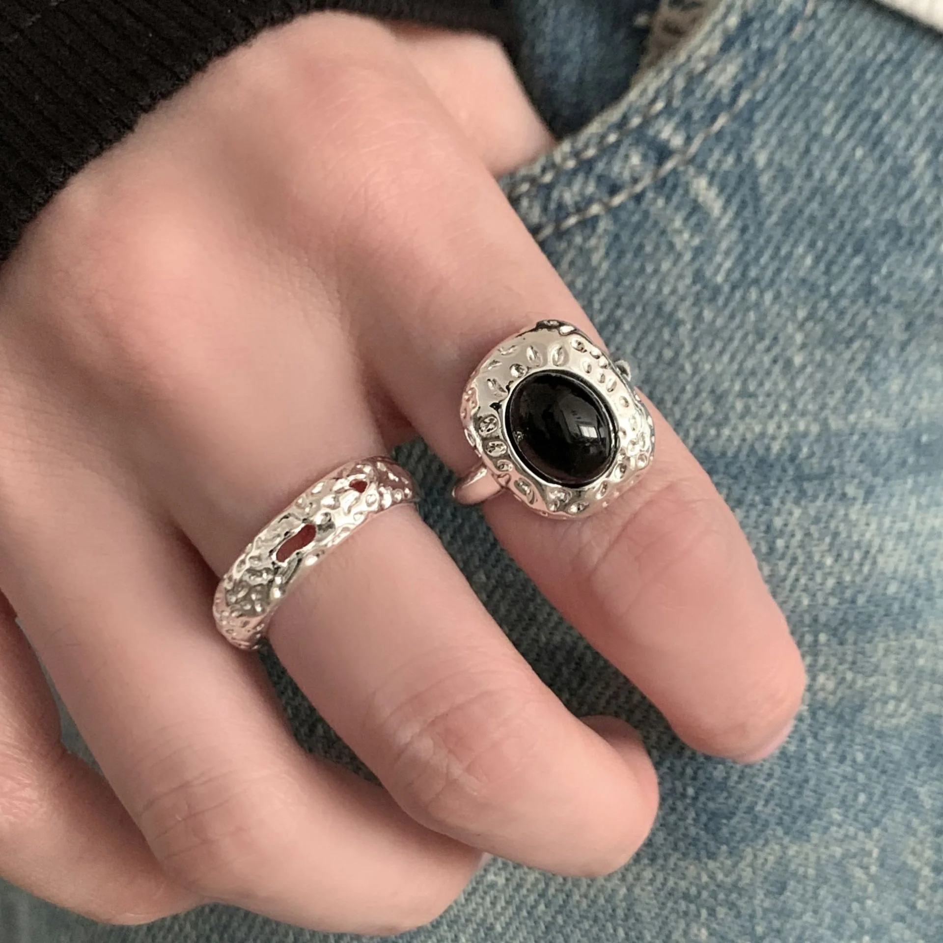

925 Sterling Silver Rings For Women Geometric Fine Jewelry Finger Adjustable Black Stone Ring For Party Birthday Gift