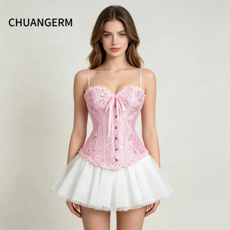 CHAUNGERM Women Corset Top Jacquard Overbust Bustier Victorian Sexy Lace up Floral Lingerie Korset Vintage Gothic Basques Costum view 3