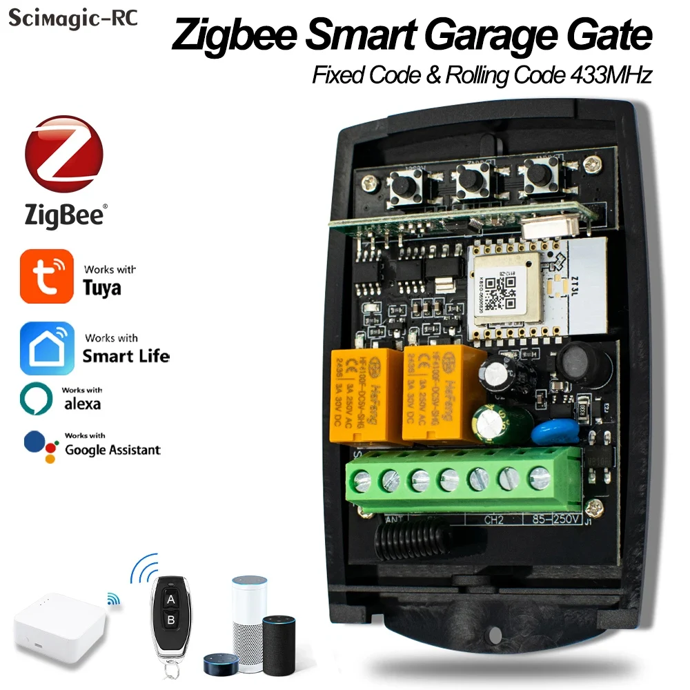 2CH Tuya Zigbee Smart Garage Gate Door Receiver Module Open Clsoe 433MHz 433.92mhz Handheld Transmitter Receiver Switch Alexa