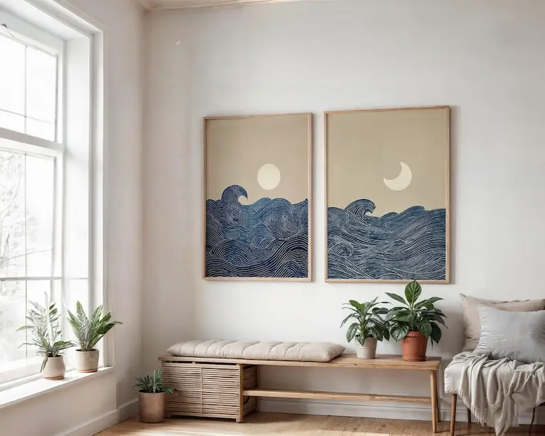 Conjunto de 2 Impressões de Arte em Tela Minimalista Japandi com Lua Crescente, Pôster Abstrato de Paisagem sem Moldura para Decoração de Sala de Esta