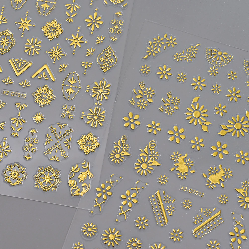 Autocollant pour ongles 3D doré bronzant, fleur de bohémien, feuilles florales métalliques rétro, décalcomanies auto-adhésives, curseur de manucure en fleurs, 1 pièce