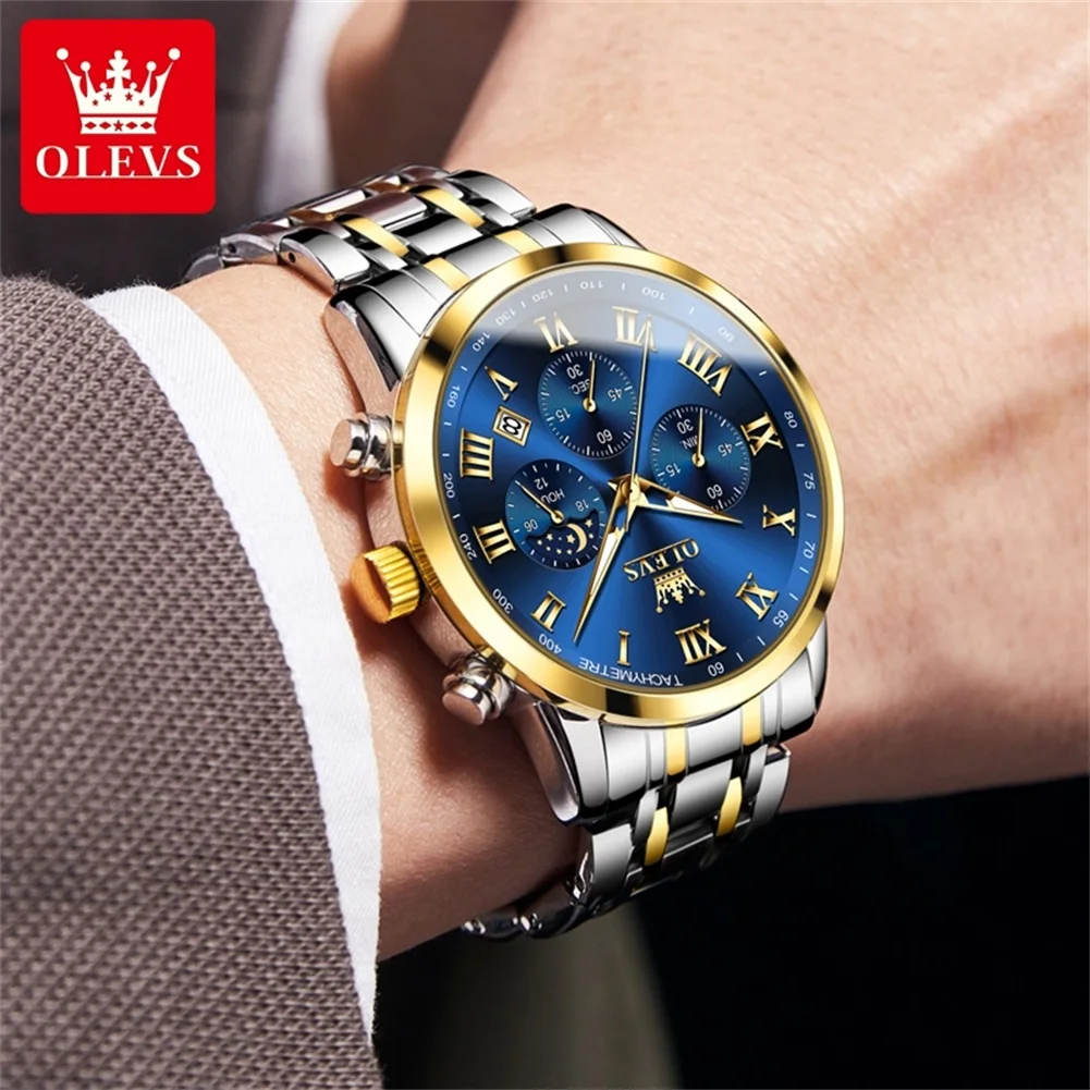 OLEVS Luxury brand Hot Sales Men\'s Watches Moon Phase Quartz Watch Stainless steel Date Waterproof Original Male Wrist watch