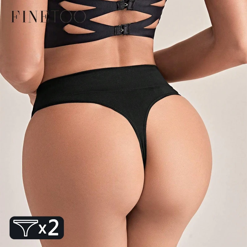 FINETOO 2PC Women Seamless Thongs Sexy Thickened G-String Panties Female Breathable Underpants Solid Color T-Back Lingerie S-XL