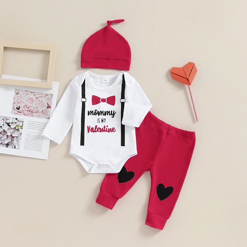 

2023-10-19 Lioraitiin 0-18M Newborn Baby Boy Valentines Day Outfit Mammmy Is My Valentine Long Sleeve Romper Pants Set with Hat