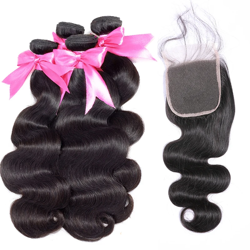 ISEE Human Hair Bundles With Closure 3 Bundles Body Wave Bundles With Frontal Hair Extension Indian Hair 4x4 Lace Free Part