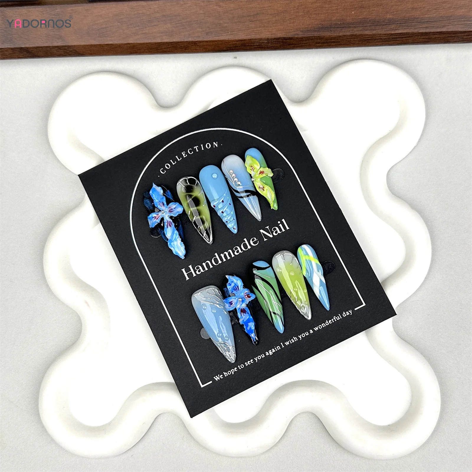 

10 шт. накладных ногтей ручной работы с 3D-дизайном в виде цветов, длинные, в форме миндаля, в стиле европейских модниц, искусственные ногти.