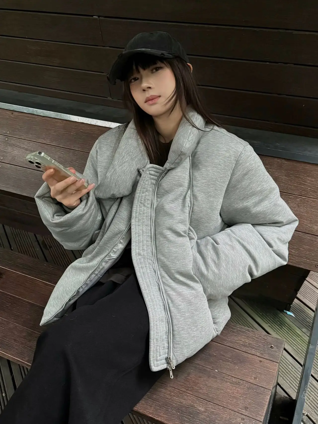 Men Unique Wrap High Collar Zip Up Padded Jacket Cropped Drawstring Hem Loose Light Quilted Coat Minimalist Streetwear Casual