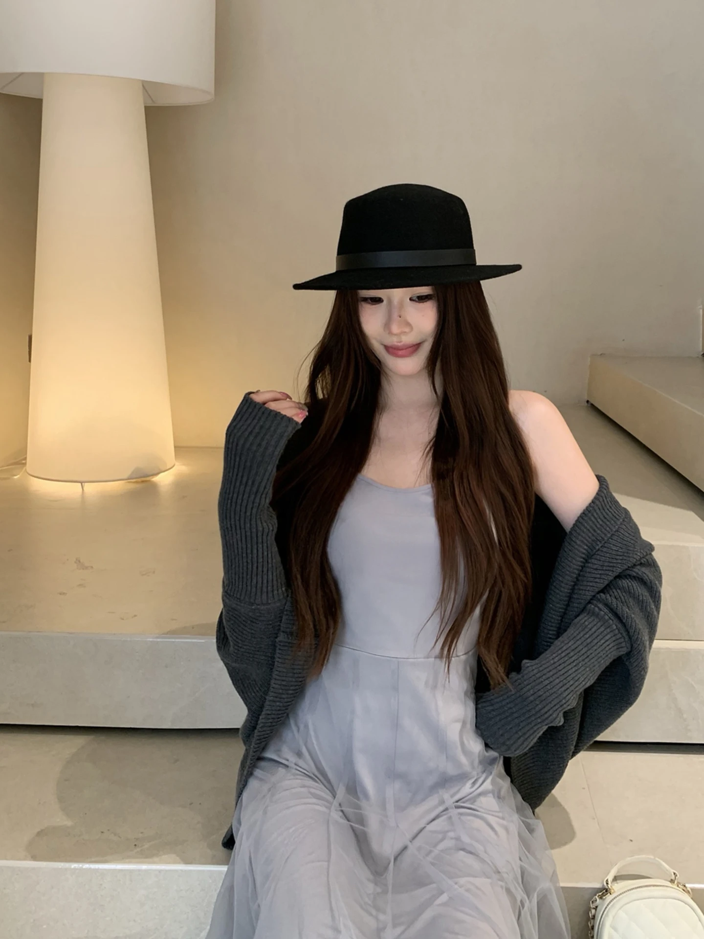 Gray Loose Knitted Open Cardigan Women's Fashionable Unique Sweater Jacket Autumn Wear HRG Style Commute Simple Polyester Blend