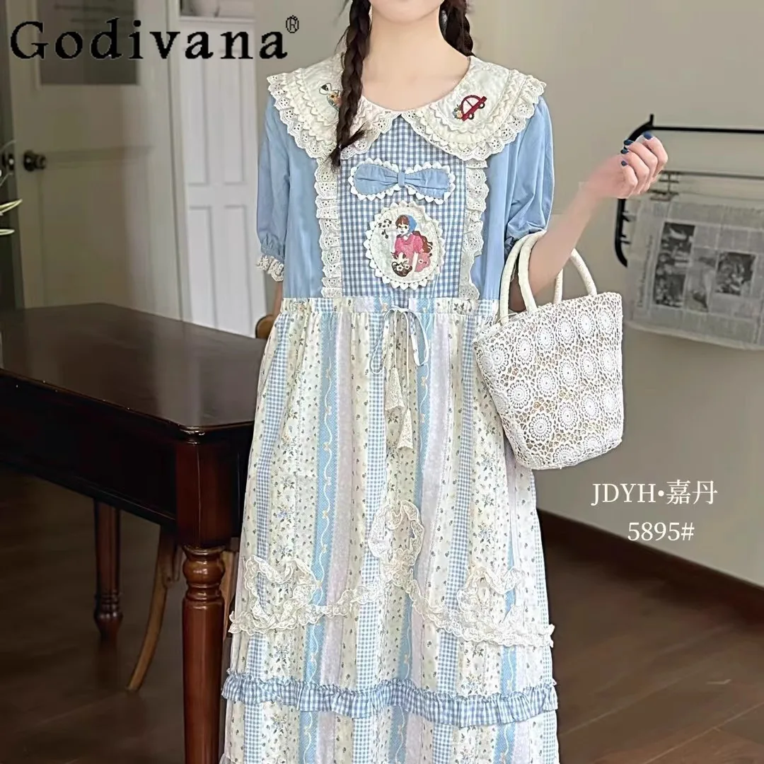 

Mori Girl Cla Blue Long Short Sleeve Dress Summer New Sweet Girl Women's Cute Print Embroidery Loose Waist Vintage Fairy Dress