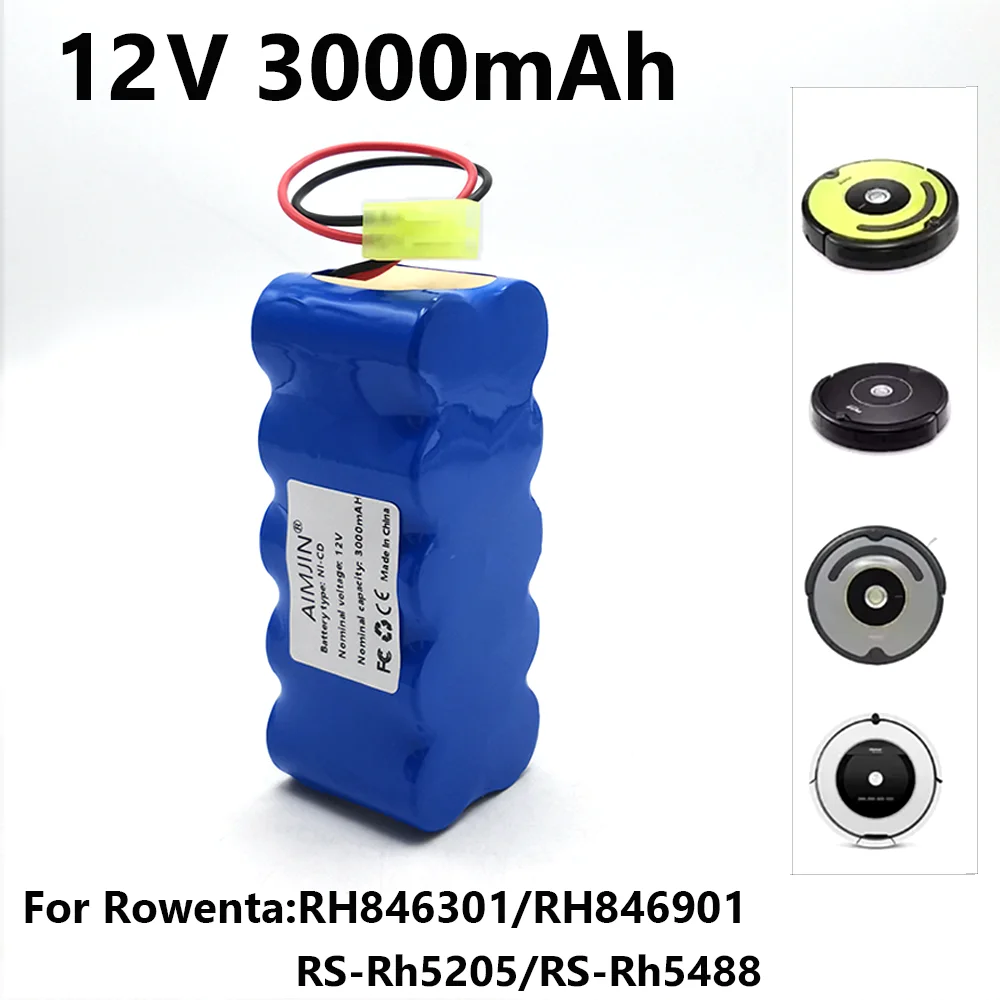 12V SC Rechargeable Battery Ni-Cd 3000mAh for Rowenta, Robot Vacuum Cleaner, 12V, RH5488, RH846301, RH846901, RS-Rh5205