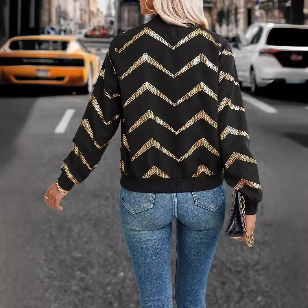 Women's Gold Chevron Stripe Elegant Commute Comfort Casual Daily Wear Long Sleeve Stand Collar Zip Up Cardigan Versatile Jacket
