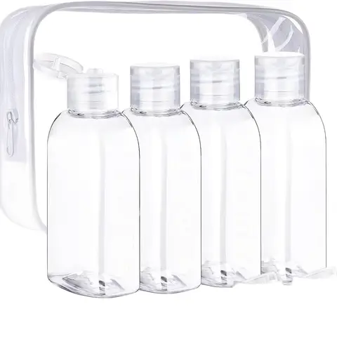 4pcs 100ml Travel Bottles With Label & Storage Bag Brown Transparent Plastic Bottle Empty Shampoo Dispenser Multi-Use Container