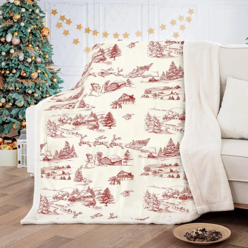 

Christmas Throw Blanket Rustic Red Blankets Santa Claus Reindeer Snowman Pattern Soft Fluffy Fleece Bedding Throw for Bed Couch