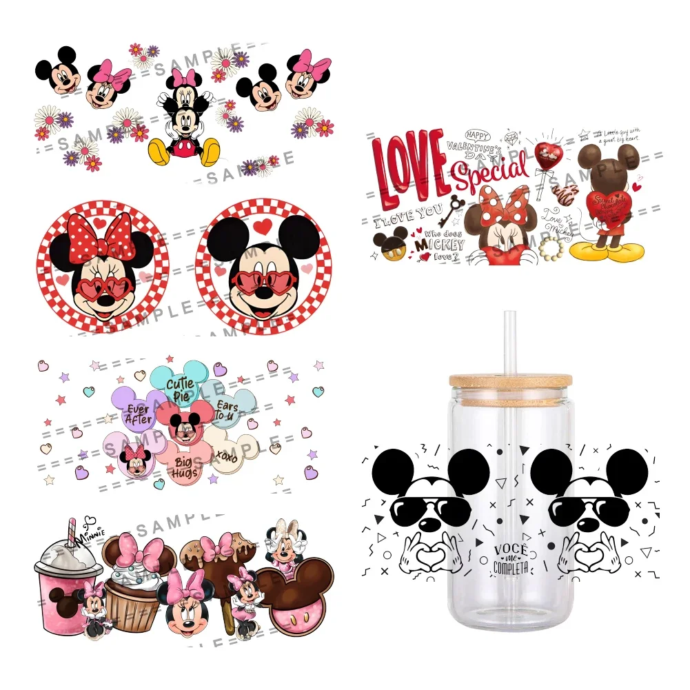 Valentine\'s Day Theme Disney Mickey Minnie UV DTF Transfer Sticker Waterproof Transfers Decals For 16oz Glass Cup Wrap Stickers