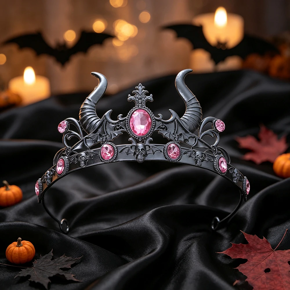 Novel Fashionable Halloween Demon Horn Tiara Gothic Crown Skull Bat Headpiece Women Witch Cosplay Party Queen Hair Accessories