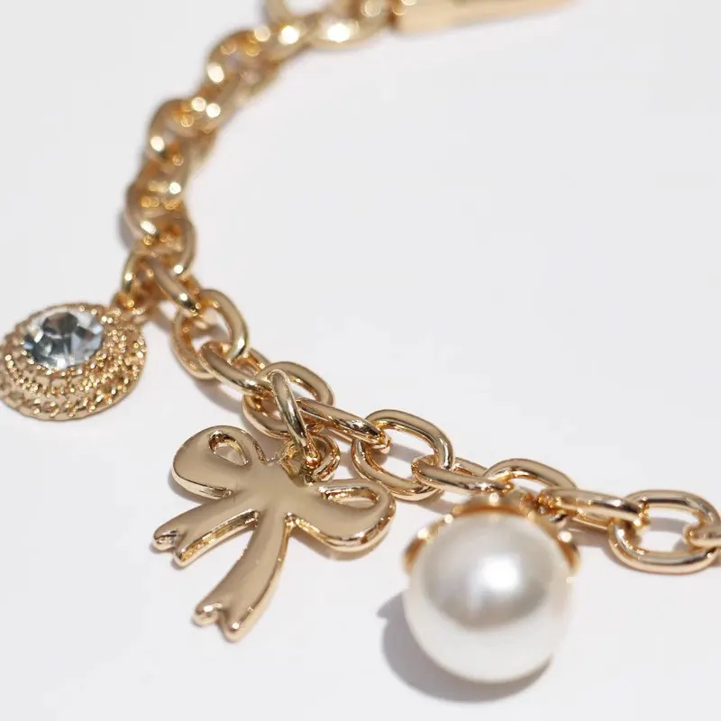 Hand Wrist Strap phone charm lanyard Metal keychain bag charm decoration bag extended chain golden Pearl Zircon pendant