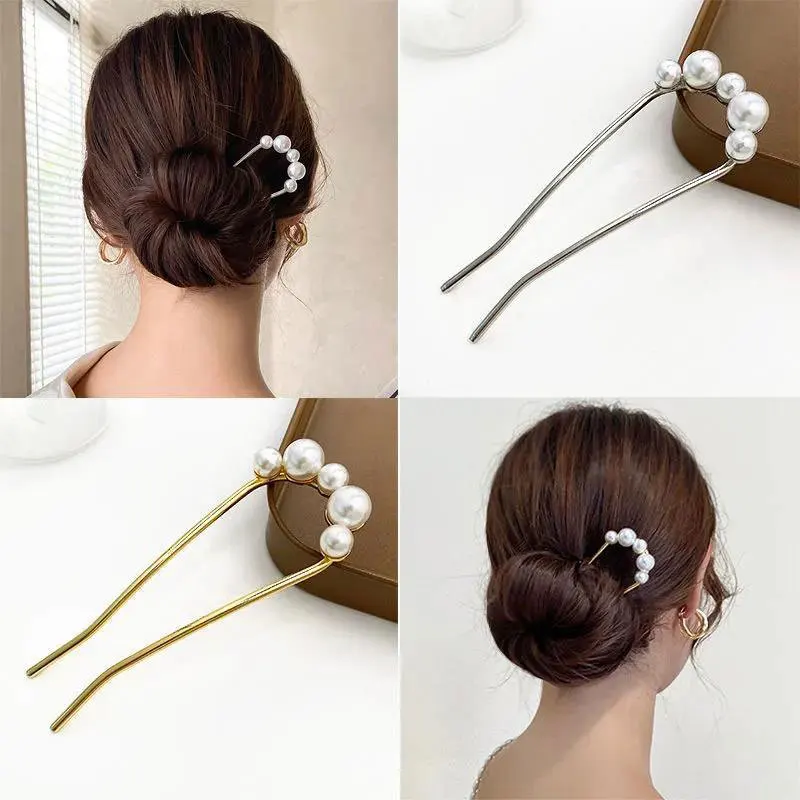 U-shaped Hairpin, Simple and Versatile, with A Comb, Flat Hair, Ball Head, Pearl Metal, and High-end Hair Accessories