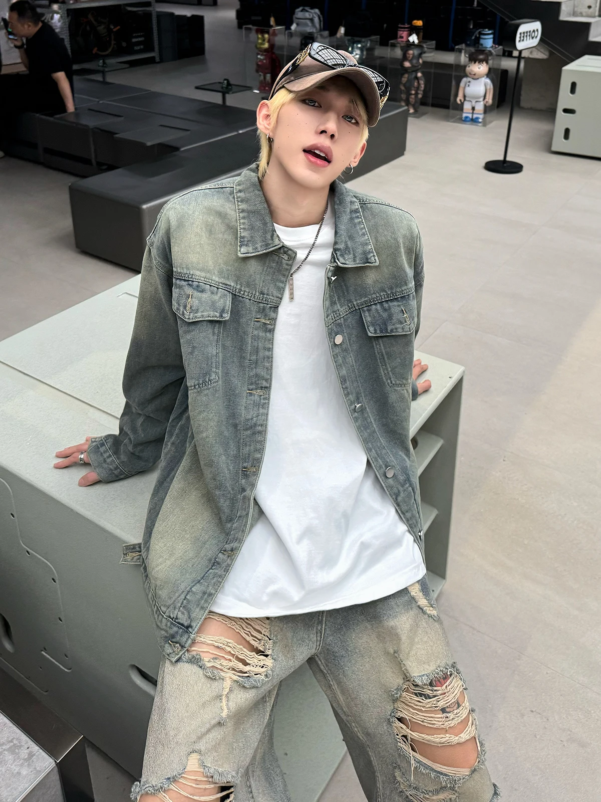 

Vintage Waed Loose Casual Collar Denim Jaet for Men Spring Autumn High Street Sle Long Sve Outerwear Single Button