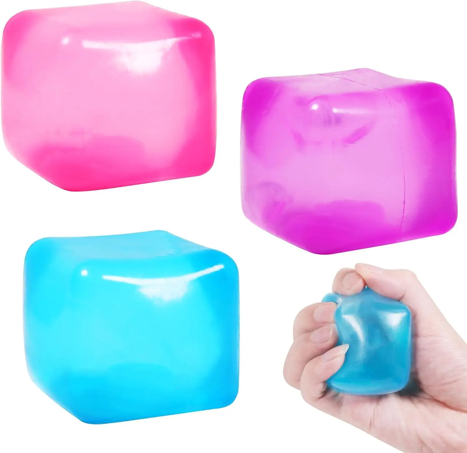 Stress Cube Squishy Stress Balls for Adults Kids Fidget Toy for Your Best Mellow and Chill -Ice Cubes-Square Shape with Filling in Pink Purple Blue (3pcs Cube )