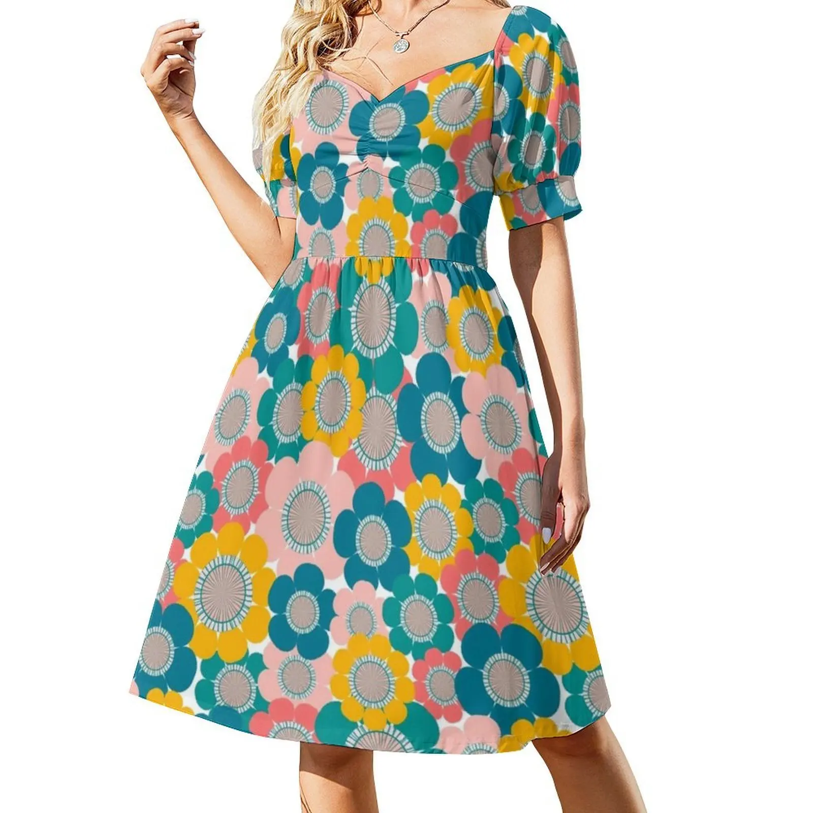 Colorful Vintage Flowers Women's Hip Hop Streetwear Dress Graphic Print Party Club Wear Bright Cheerful Flowers Vector 70S Pop